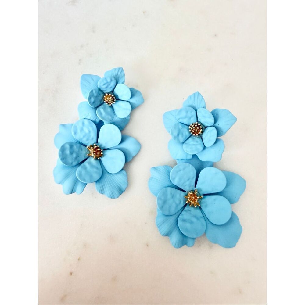 Blue Floral Statement Earrings Layered Flower Drop Earrings Gold Center